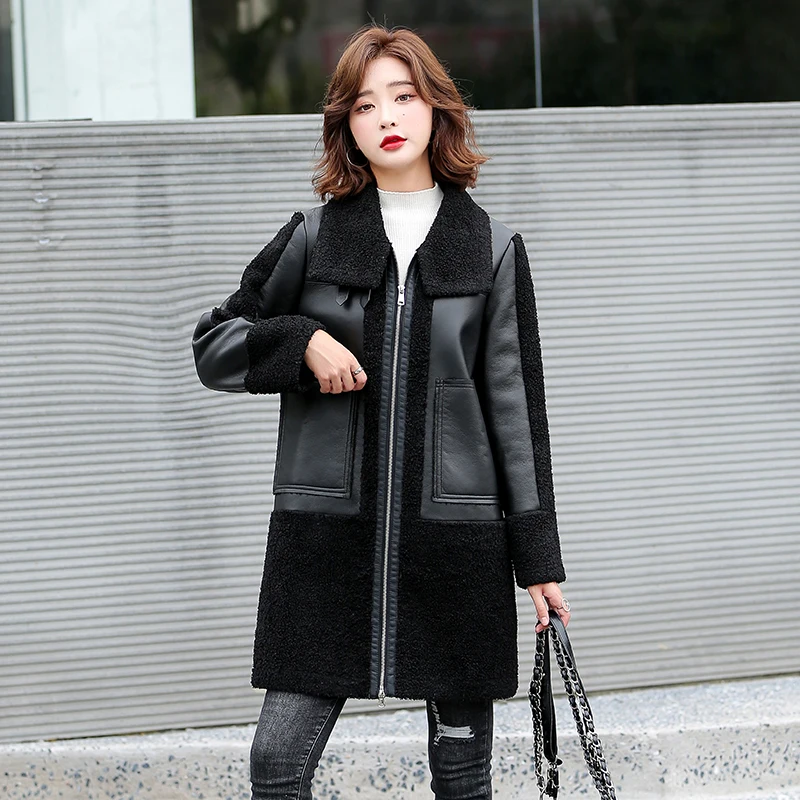 Women's Winter Sheepskin Long Coat Thick Eco-leather Lambskin Wool Fur Big Pockets Jackets Splicing Black Motorcycle Outwear Hot