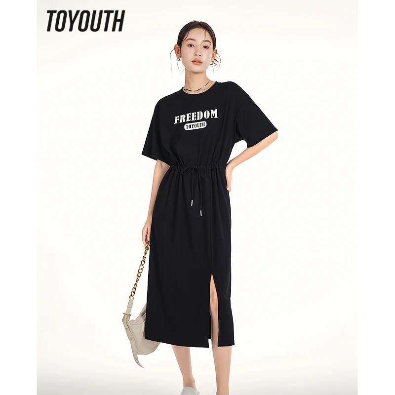 

Toyouth Women Dress 2023 Summer Short Sleeve O Neck Loose Drawstring Waist Letter Print Casual Versatile Black T-shirt Skirt