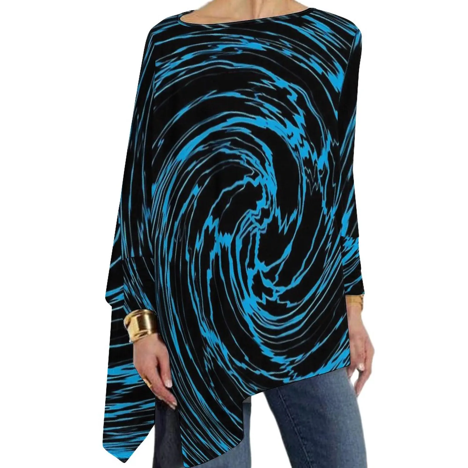 

Shallow Water T-Shirt Blue Vortex Print Loose Long Sleeve T Shirts Custom Y2K Tee Shirt Female Spring Clothing Big Size 5XL 6XL