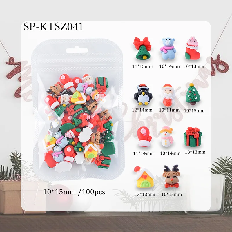 200ps Christmas Gift Decoration For Nail ArtSupplies Multi-Design Ornament S/M Merry Christmas Pink Snowman 3D Accessories(2023)