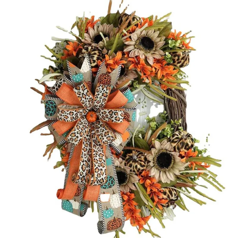 

Autumn Porch Door Home Decorations Fall Leopard Pumpkin Sunflower Wreath for Front Door Outside Vintage Farmhouse Wreaths