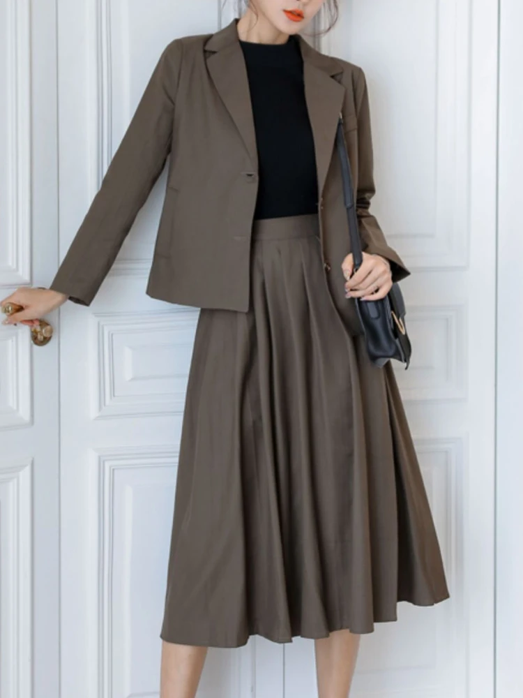 

Spring Elegant Casual Women Skirts Suit Fashion Korean Blazer Jackets A-Line Saya 2 Pieces Female Outerwear Chic Outfits Clothes