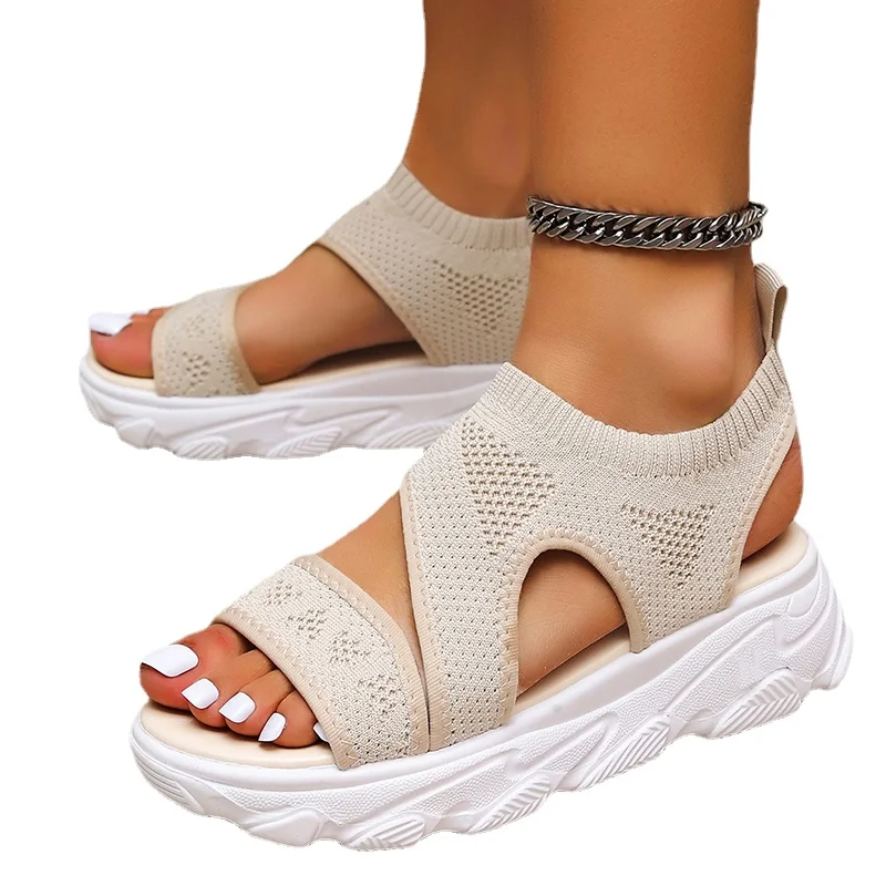 

Бежевые дышащие сетчатые Вязаные сандалии, женская обувь, Новинка лета 2023, с вырезами, искусственная кожа, толстая подошва