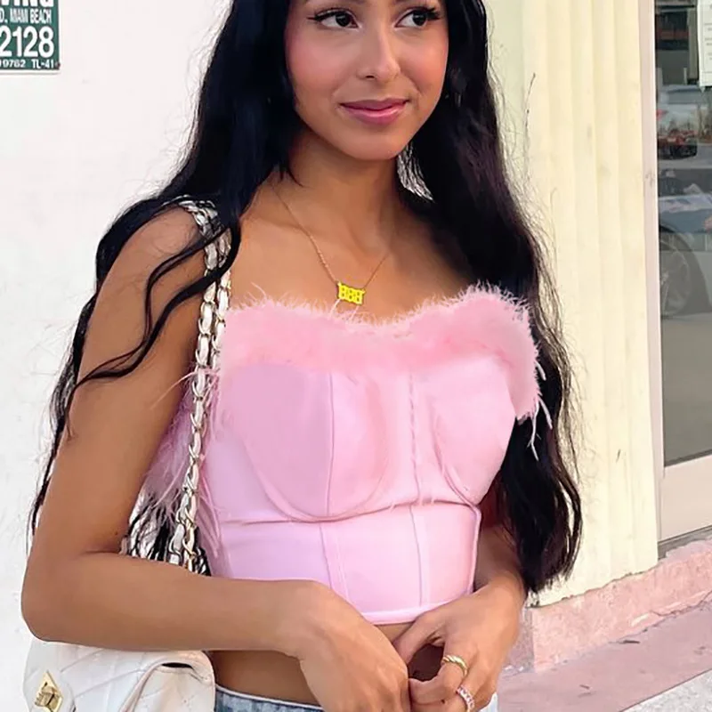 

Woman Off Shoulder Crop Vest Solid Color Soft Fur Patchwork Backless Casual Crop Tank S-L T238068G