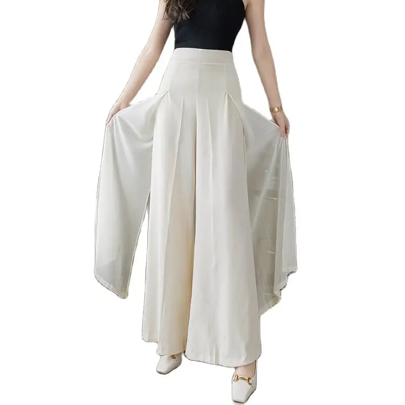 

Women Fashion Chiffon Wide Leg Pants Skirts High Waist 2023 New Elegant Summer Thin White Baggy Trousers Side Slit Two Layers