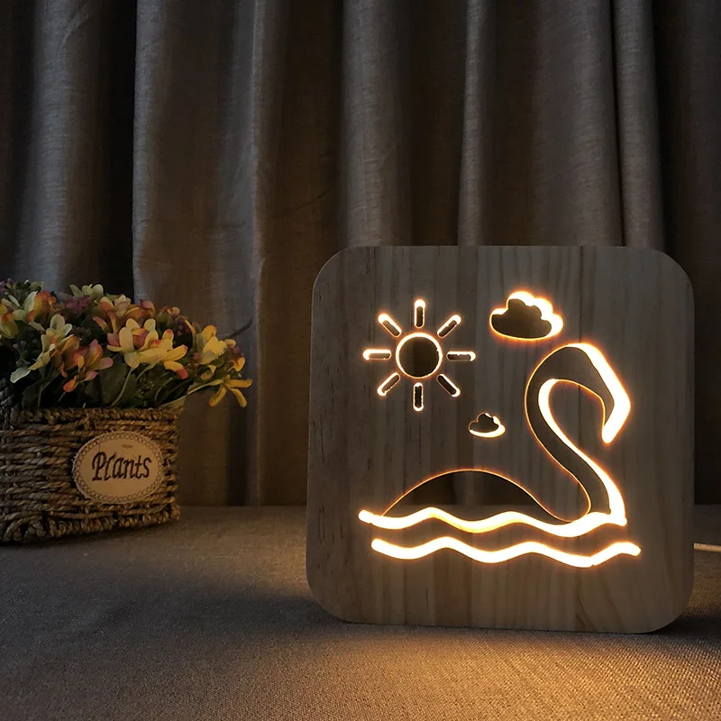 Wood Nightlight Cute Animal Dog Cat Lion Dolphin Seahorse Led Desk Lamp Gift Adult Children Bedside Lamp Decoration images - 6