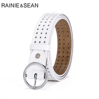 rainie sean white waist belts women hollow out real leather belts for women round buckle brand female trousers belt for jeans