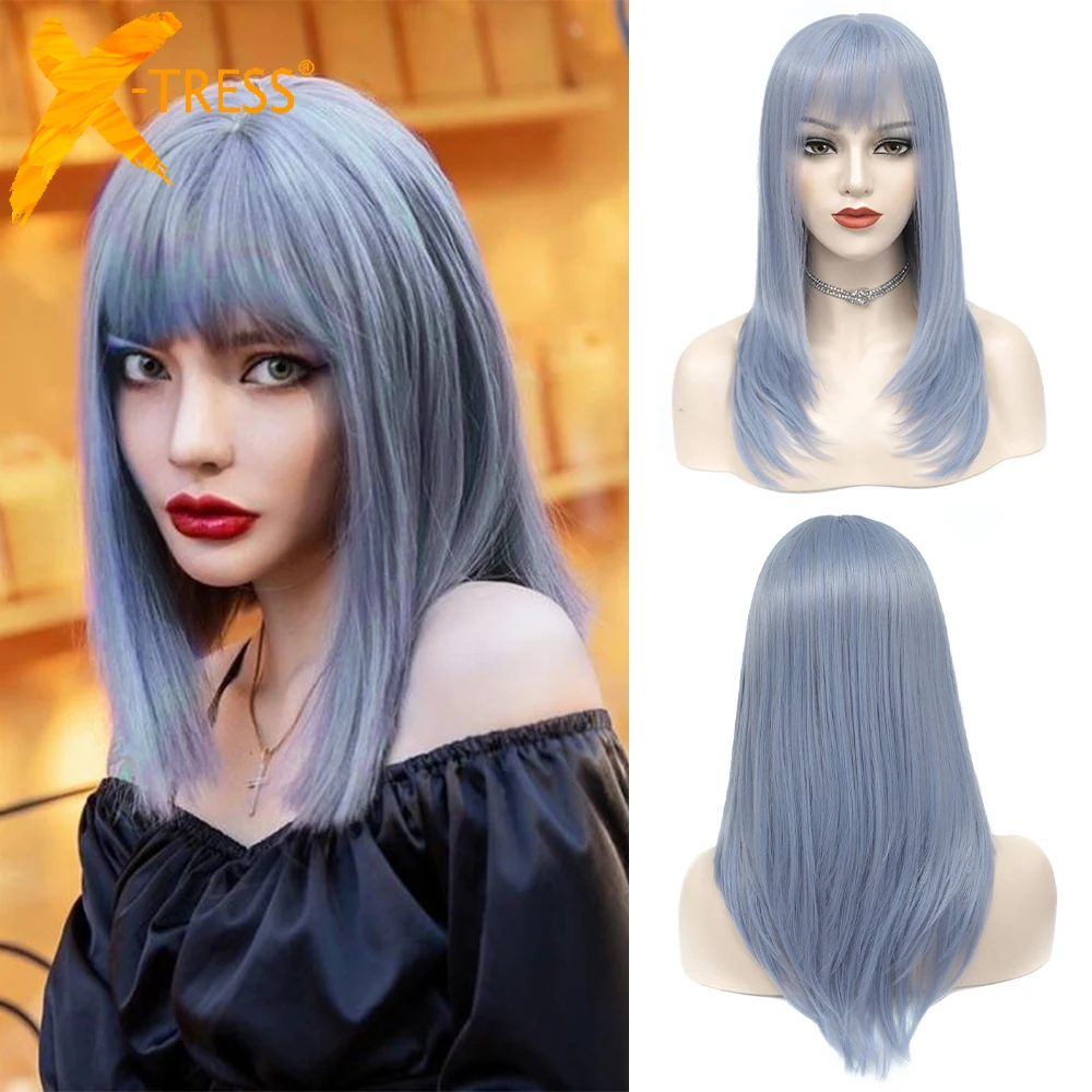 

Short Straight Synthetic Hair Wigs For Women Blue Color Glueless Machine Hairstyle Cosplay Lolita Wig X-TRESS Natural Party Hair