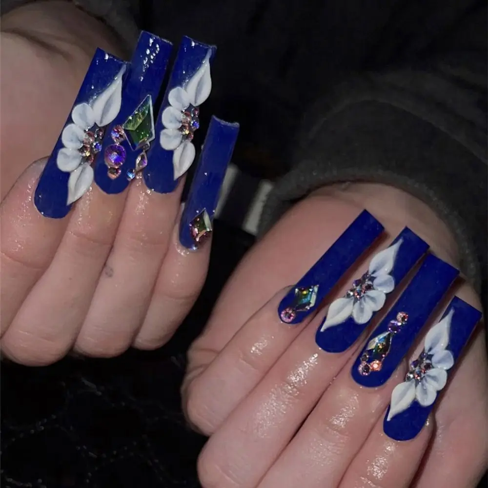 24Pc With Diamond French Fake Nail Flower Designs Ballet False Nails Press On Detachable Long Coffin Manicure Tips - купить по