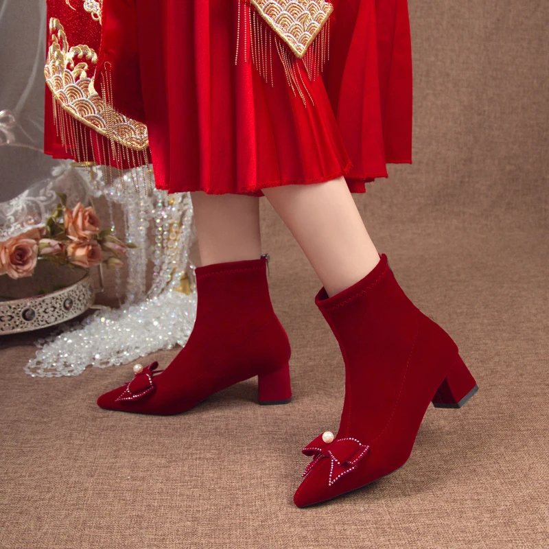 Красные женские ботильоны зимняя обувь женская 2024 туфли-лодочки до щиколотки на