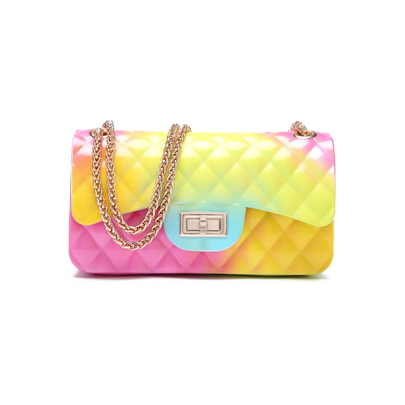 

Fashion Rainbow Underarm Bag Women's Square Small Bag High Street Chain Colorful Diamond Pattern Jelly Bag Cross Body Bag Woman