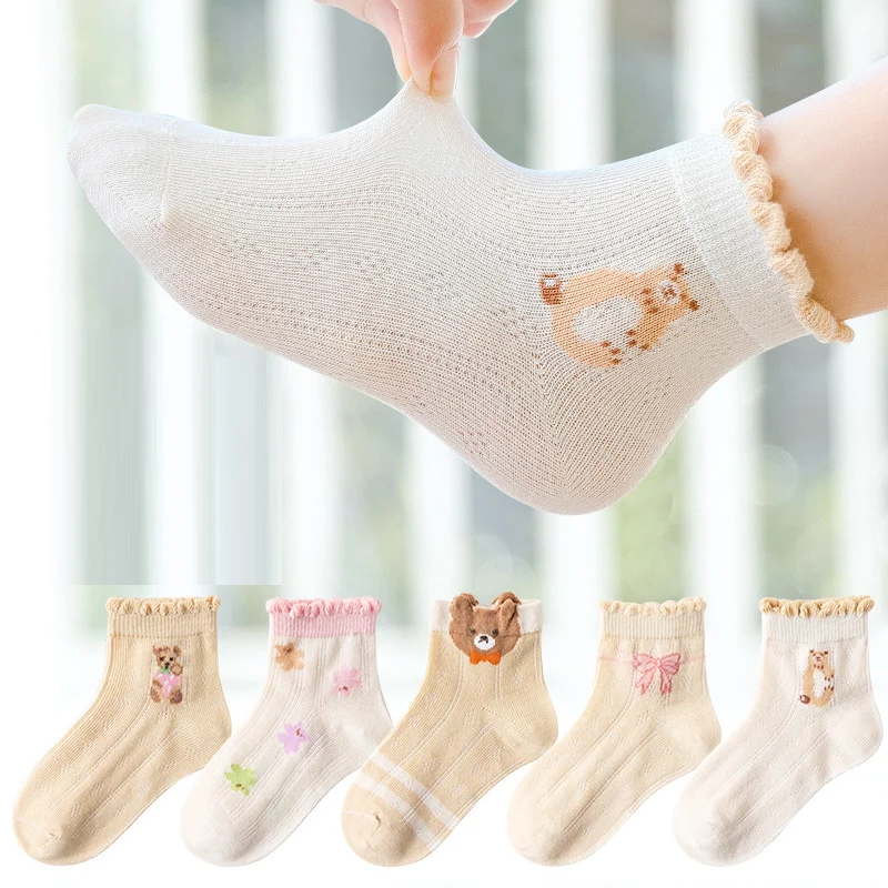 

5 пар/лот, детские носки, хлопковые носки для мальчиков и девочек, дышащие, мягкие, с милым рисунком, модные летние детские повседневные сетча...
