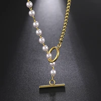 amaxer minimalist stainless steel box chain imitation pearl necklaces toggle buckle clavicle chain for women unisex jewelry gift