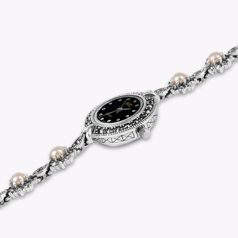 YYSUNNY Fashion Women's Round Wrist Watch S925 Sterling Silver Small Flowers Inlaid with Beads Bracelet Elegant Jewelry enlarge