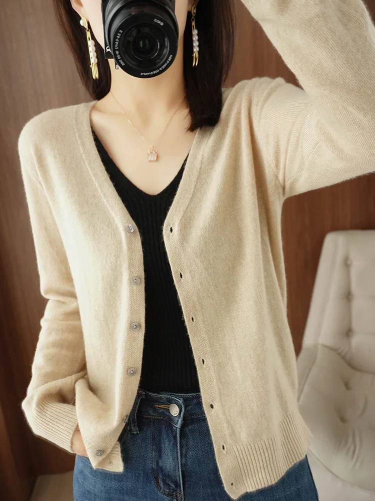 Classic Basic Merino Wool Women Sweater Autum Winter V-Neck Solid Office Lady Knitted Cardigan Long Sleeve Korean Clothing Tops