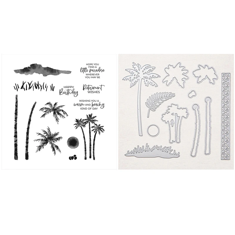 Paradise Palms Stamp and Palms Dies Sun Sand Sentiments Clear Stamps For DIY Embossing Scrapbooking Card Making Crafts 20A