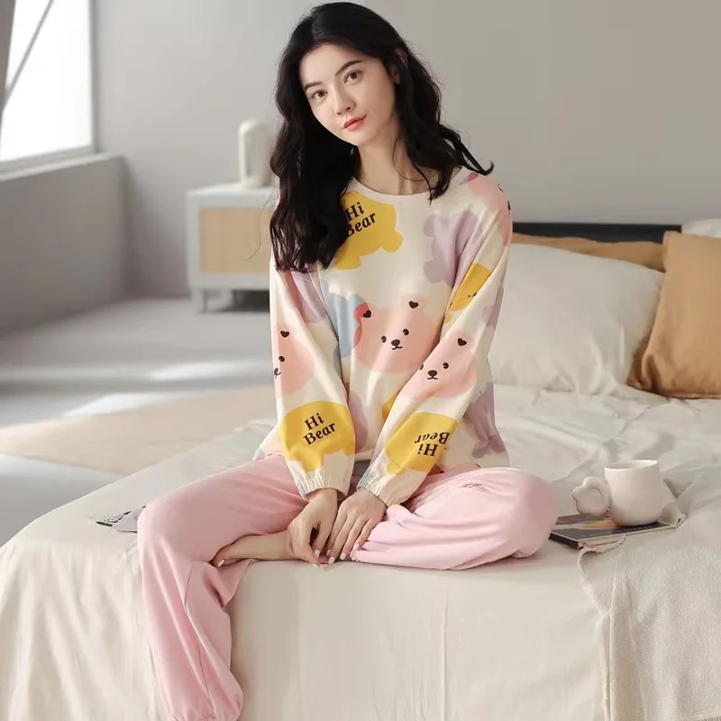 Summer new women's cotton pajamas set long-sleeved trousers thick home wear loose plus size two-piece plus size