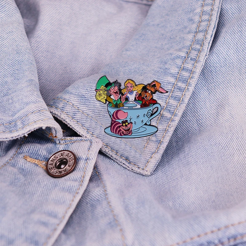 

Alice in Wonderland Enamel Pin Teacup Fantasy Cartoon Anime Lapel Pins Badge on Backpack Women's Jewelry Gifts for Friends Kids