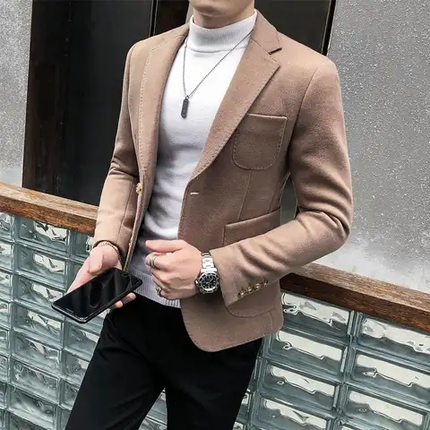 Мужской шерстяной Блейзер на одной пуговице, повседневный деловой пиджак, пальто, уличная одежда, зима 2020, социальная одежда