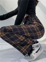houzhou vintage plaid pants women baggy basic wide leg trousers female casual korean fashion harajuku loose sweatpant all match