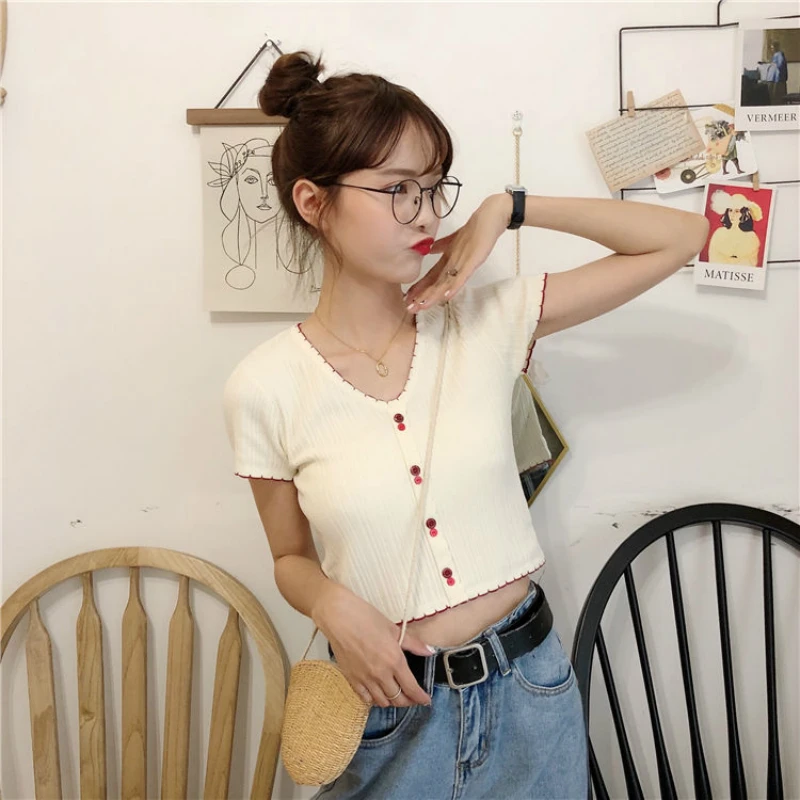 

Fashion Girl Summer Clothing Knitted Shirt Slim Short Cropped Cardigan Women Summer Short Sleeve