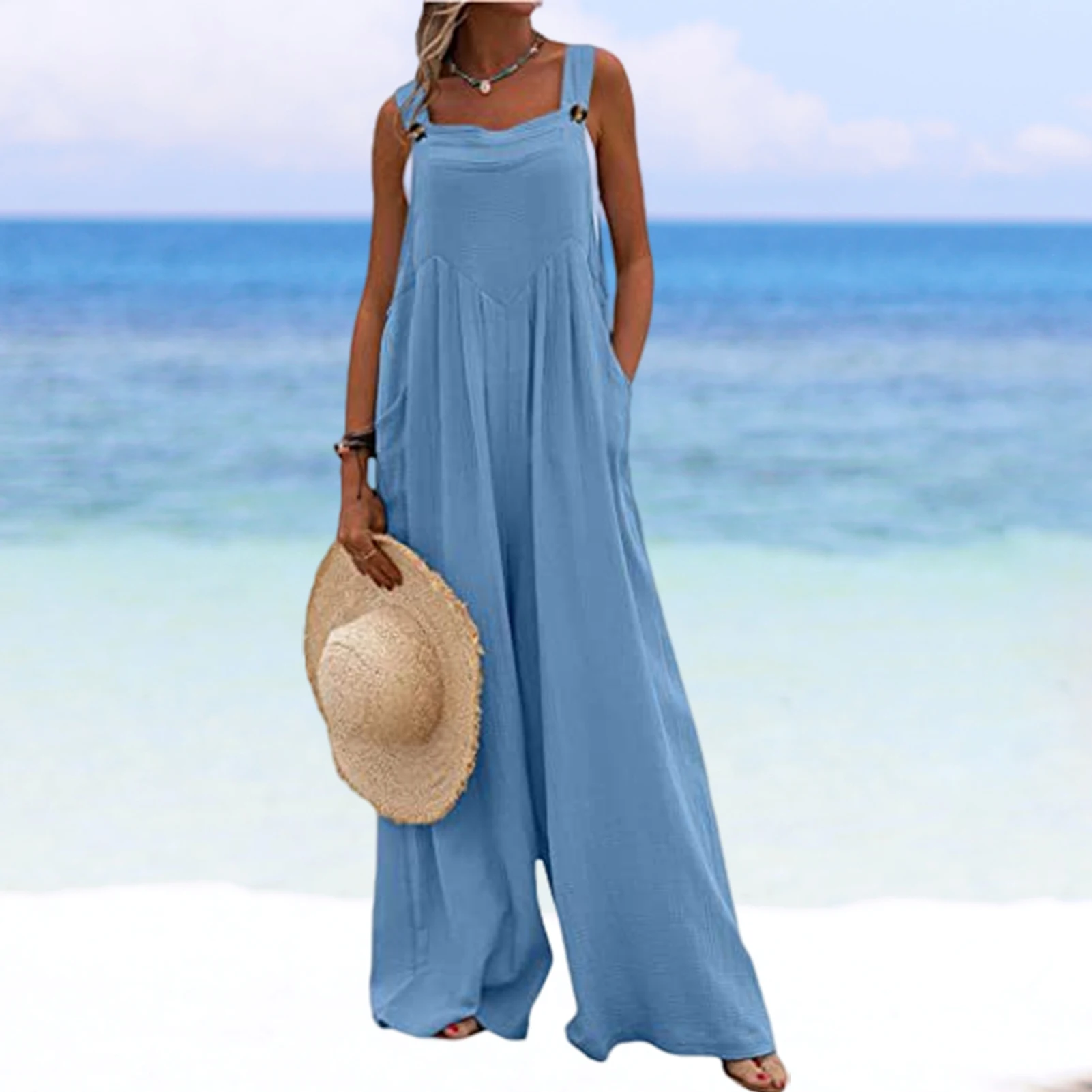 Summer Sling Sleeveless Pocket Wide Leg Long Rompers Women Casual Solid Color Jumpsuits Ladies Fashion Loose Draped Jumpsuit New