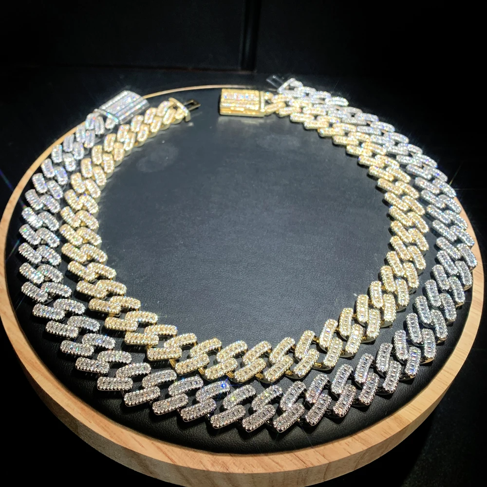 

2021 New Arrived Hiphop 15MM Width Iced Out Bling Baguette CZ 5A Cubic Zirconia Cuban Link Chain Choker Women Necklace Jewelry