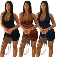 2022 spring new women ruched beach wear dress swinging collar backless sleeveless mini dress evening club outfits