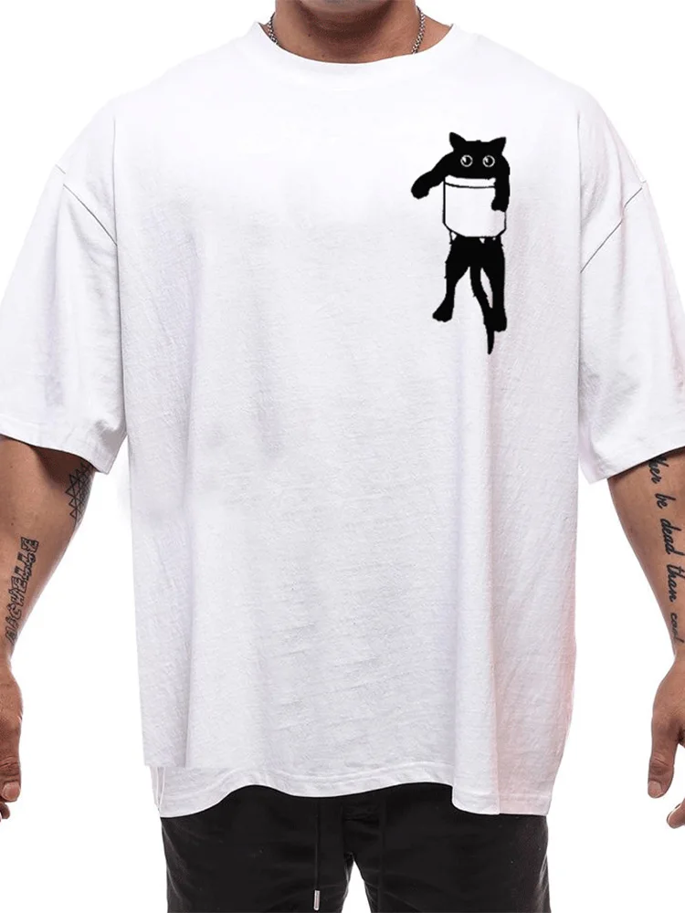 

Summer Men Casual Short Sleeve O Neck Pullover Tops Fashion Pocket Cat Print Tee Men's Clothing Simple Loose T-Shirt Streetwear