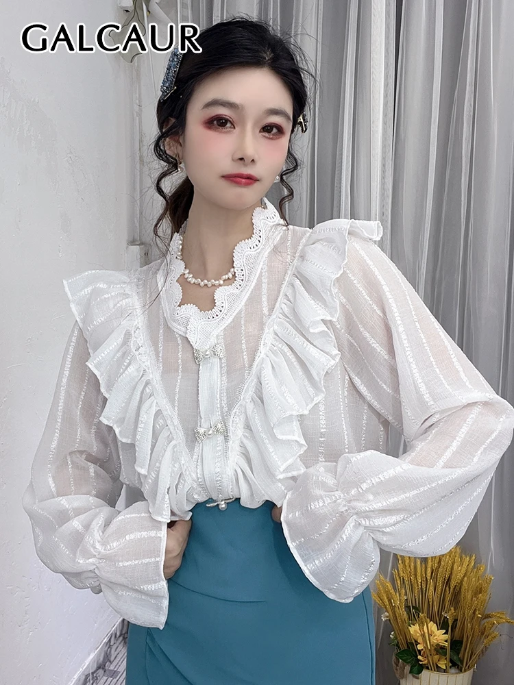 

GALCAUR Patchwork Ruffles Striped Shirt For Woemn V Neck Flare Sleeve Solid Elegant Blouse Female Spring Clothing 2022 Fashion