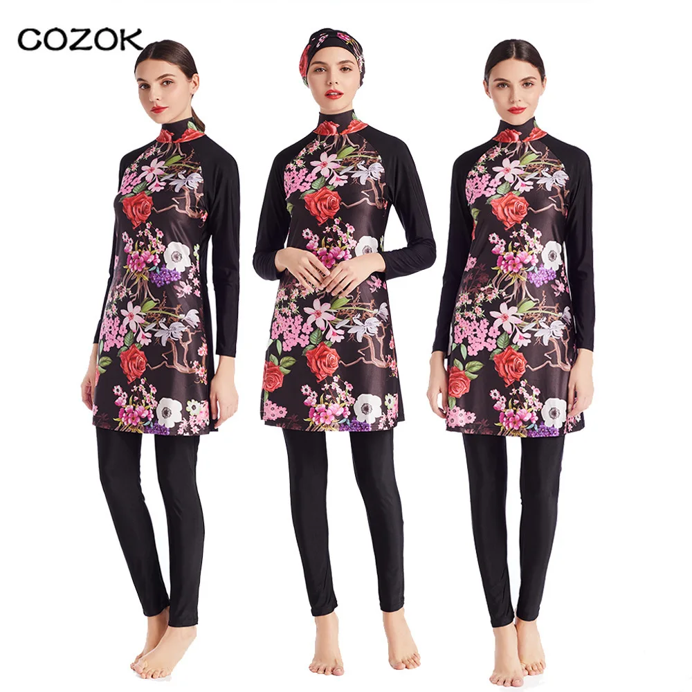 

2021 Printed Swimwear Conservative Tight Swimsuit Three-piece Set Muslim Burkini Modest Swimwear Girls Arabic Shirt Long Sleeve