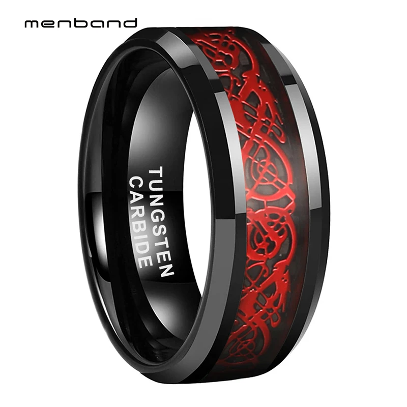 Черное кольцо из карбида вольфрама обручальное с драконом инкрустацией черного