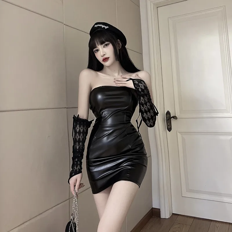 

2022 New In Dark Black Style Leather Bodycon Dress Strapless Slim Fit Off Shoulder Women Sexy Dress With Lace Gloves