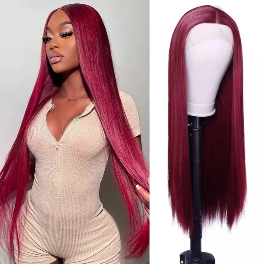 

Burgundy Red Synthetic Lace Wigs Long Straight Cosplay Wigs For Black Women Lace Hairline Wig Glueless Heat Resistant Fiber