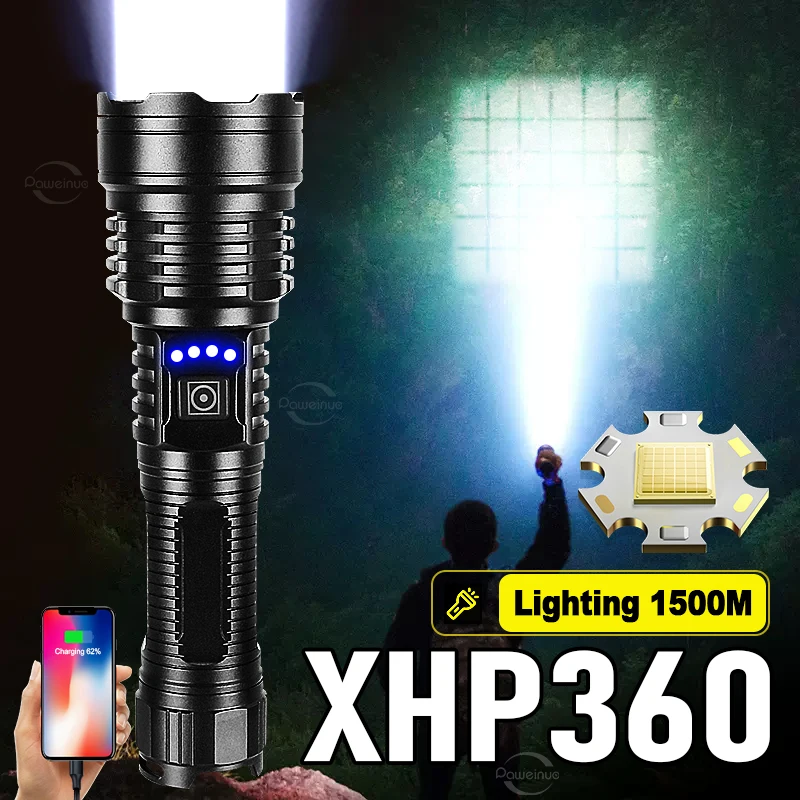 

High Power XHP360 Led Flashlights Type-C XHP70 Powerful Rechargeable Hand Lamp Zoomable Torch Power Bank Outdoor Emergency Light