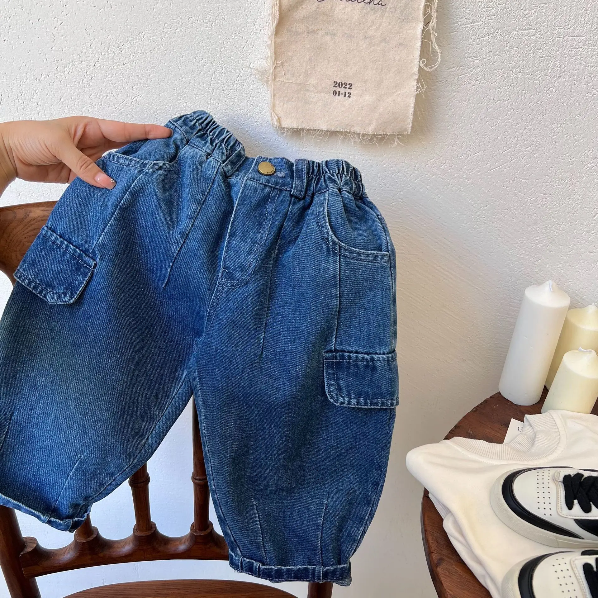 

Children's Trousers 2023 Autumn New Boys' and Girls' Solid Color Pocket Overalls Baby Denim Baggy Pants