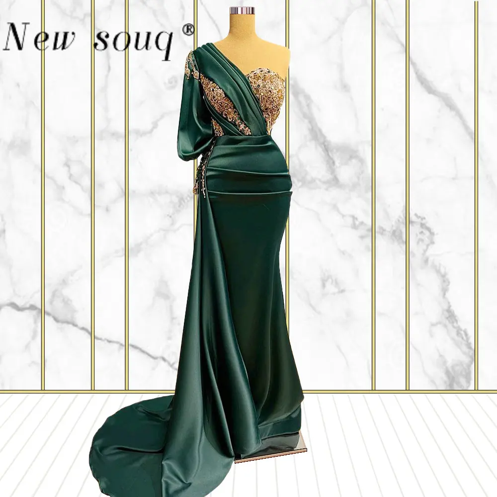

Платье женское на одно плечо, вечернее элегантное атласное с бусинами, с юбкой-годе, арабское зеленое, для выпускного вечера вечерние дьбы