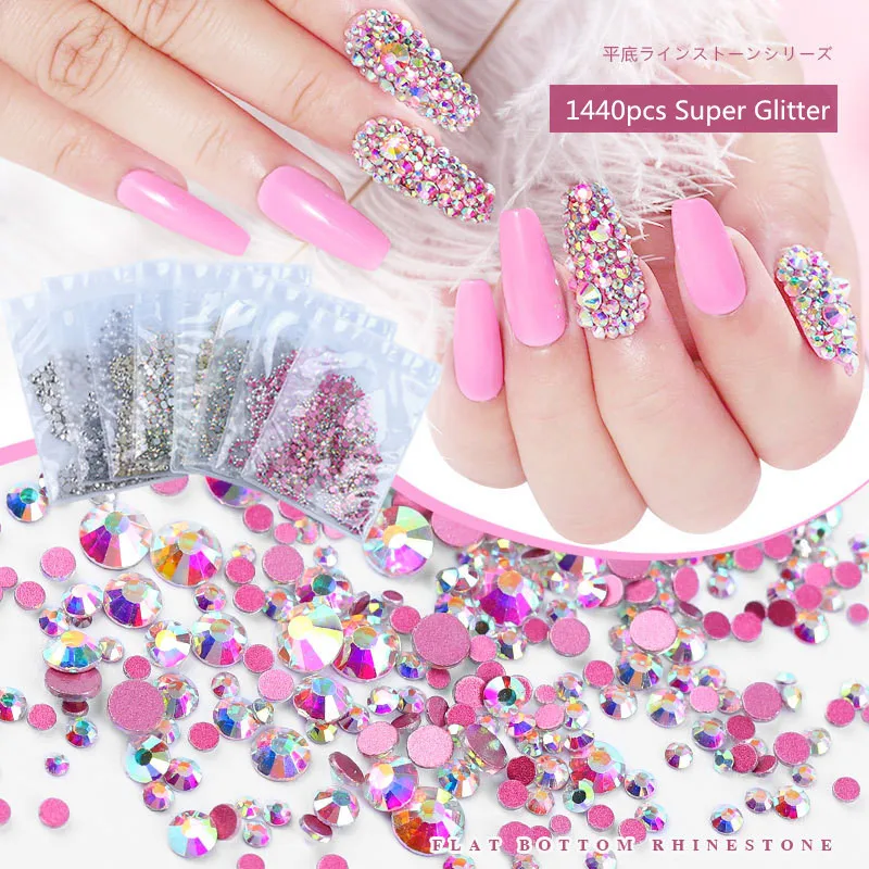 

1440Pcs Nail Rhinestones Silver AB Flatback Crystals DIY Glitter Glass Gems Stones Charms Nail Art Decoration