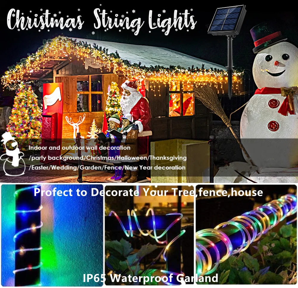 Christmas Decoration 2023 Solar Led Tube Rope String Light 52M Waterproof Garland For New Year/Fence/Yard/Street/Garden Decor