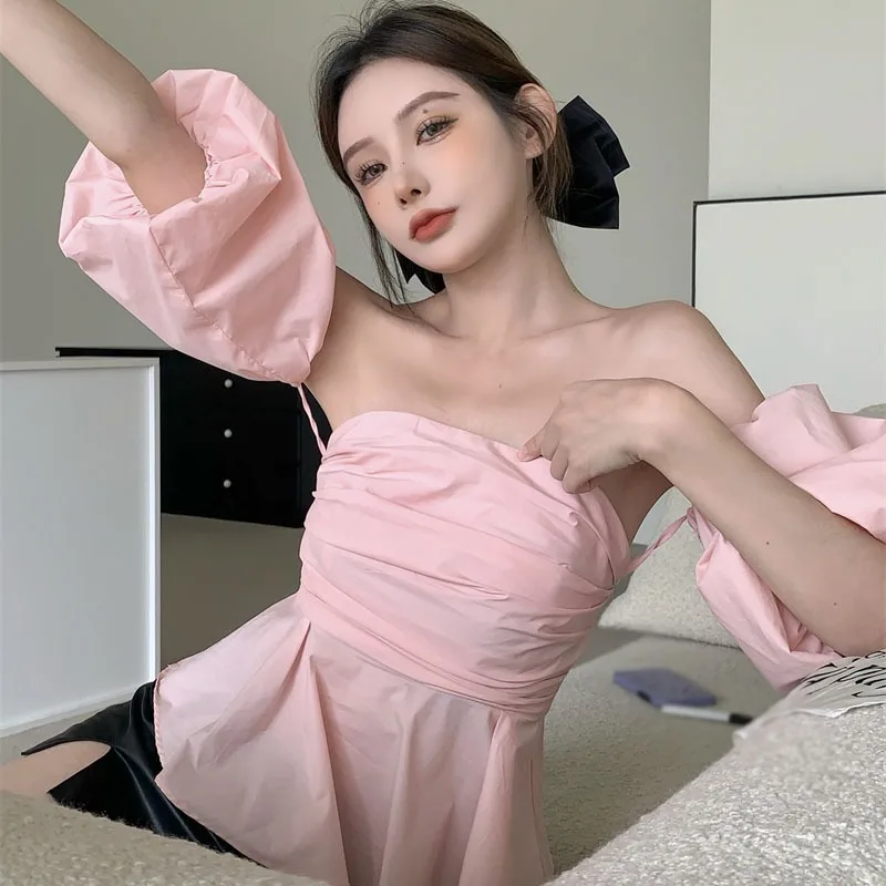 

Summe Sexy Women Slash Neck Strapless Blouse Tops Korean Puff Sleeve Slim Short Woman Shirts New Blusas Mujer De Moda 2022