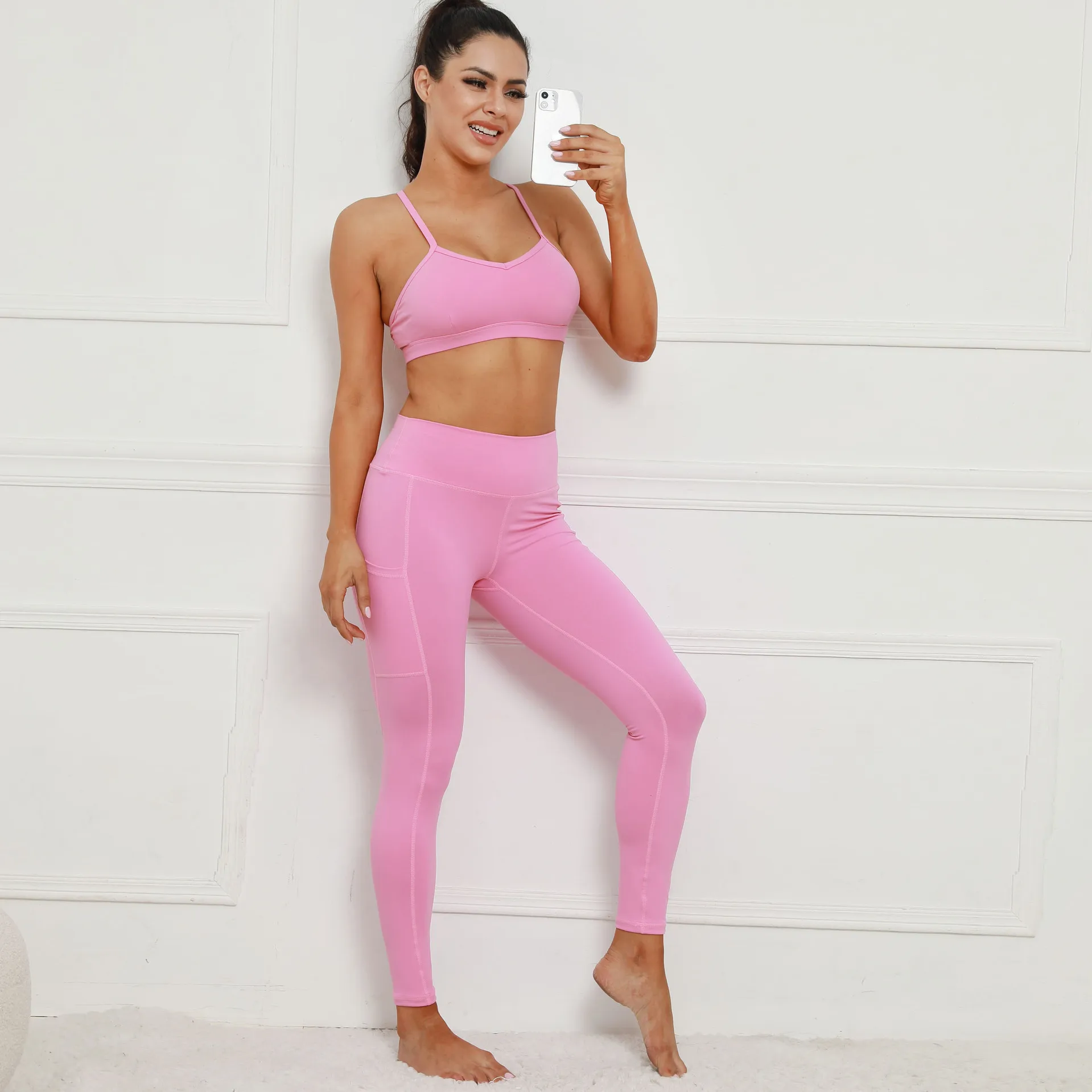 Women's 2023 New Fashion Solid Color Sexy Open Back Pocket Splice Bodysuit Fitness Yoga Suit Set