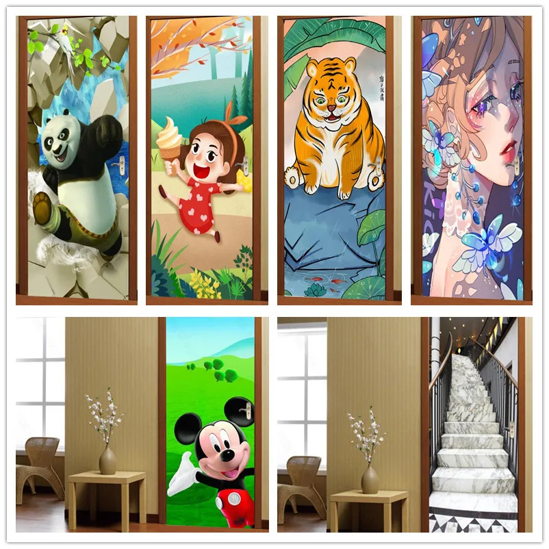 Papel de parede self-adhesive cartoon tiger girl stairs mouse door sticker home decoration wall  mural porch wallpaper poster