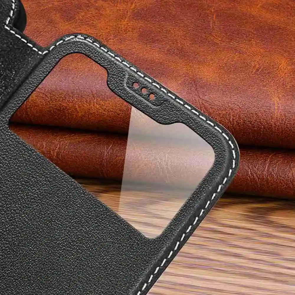 Genuine Leather Case For Iphone 14 13 12 11 Pro Max Plus Window View Coque For Iphone 13 Mini Cases Cover Magnetic Phone Shell