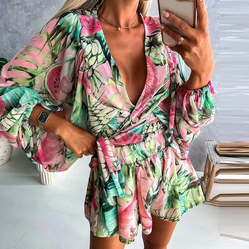 Женский комбинезон с длинным рукавом сексуальный пляжный принтом абайя поясом