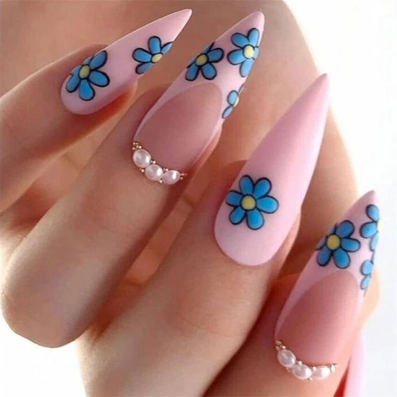 

JP3004-B1 Matte Pink French Stiletto Fake Nails Press on Set with Daisy Designs