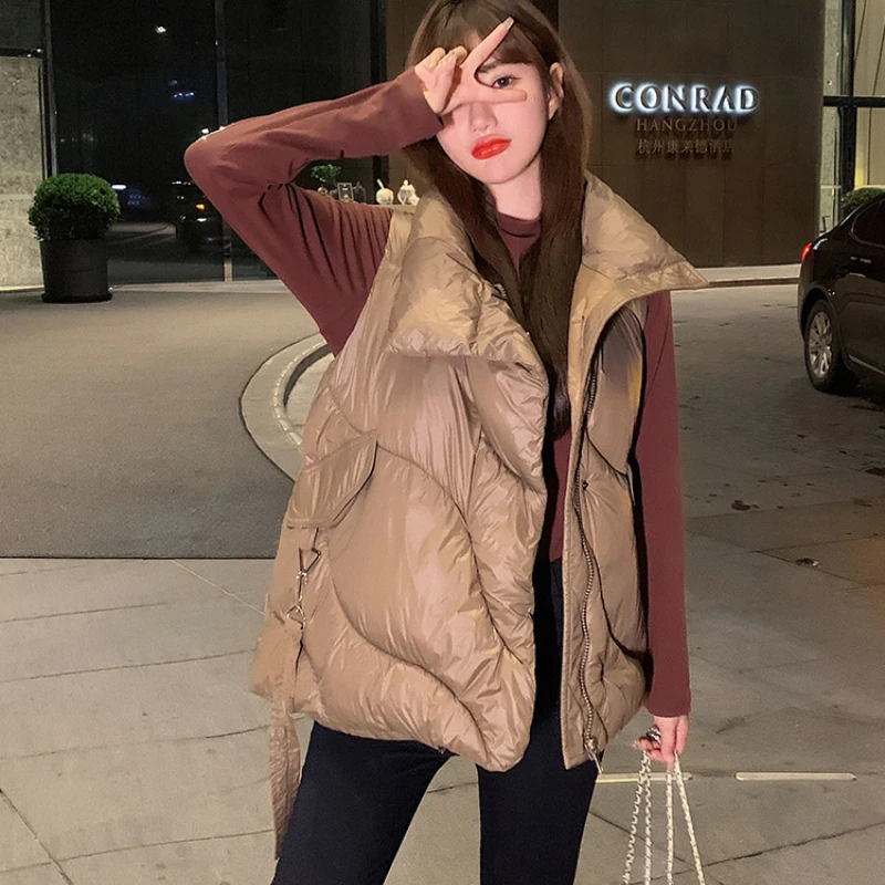 Autumn Winter New Women Cotton Vest Fashion Design Sense Large Pockets Casual Loose Plus Velvet Warm Solid Color Sleeveless Coat