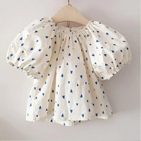 2022 summer baby girls puff sleeve shirts heart print o neck korean style tops toddlers kids chic blouses