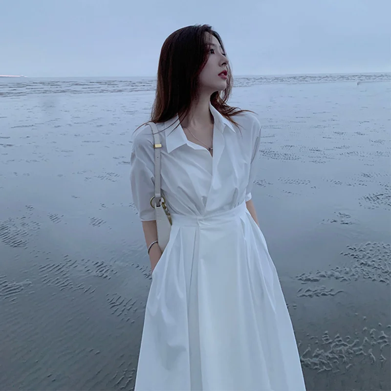 

Vintage solid shirt turn down collar maxi job dresses for white women loose casual long woman autumn 2021