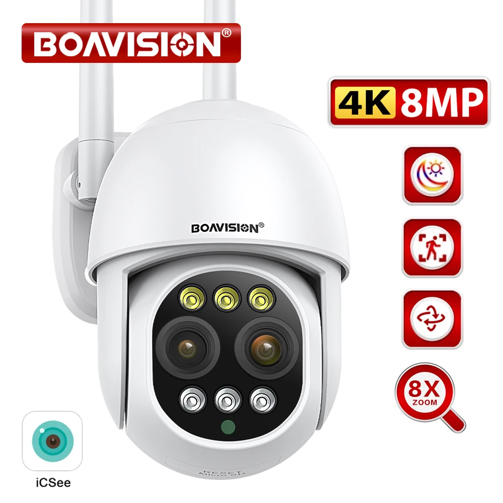 BOAVISION HD 8MP WIFI камера PTZ двойной объектив 8X цифровой зум Открытый 4K AI humanoid