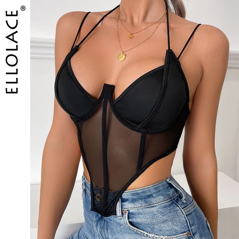 

Ellolace Crop Top Women Summer Fishbone Corset Tank Tops Cropped Night Club Outfits Sleeveless Bustier One-Piece Camis